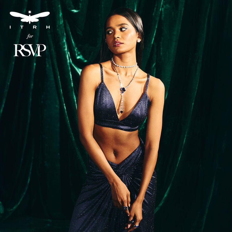 RSVP by Nykaa Fashion Midnight Blue Rhinestone V Neck Strappy Bralette Top
