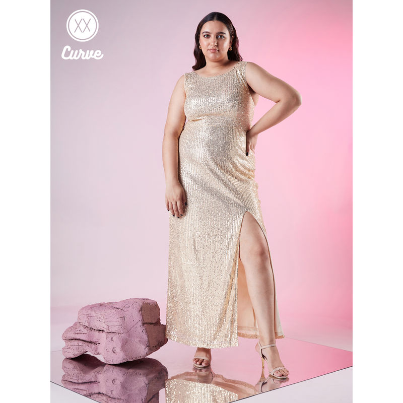 Twenty Dresses by Nykaa Fashion Curve Gold Shimmer Slit Gown (4XL)