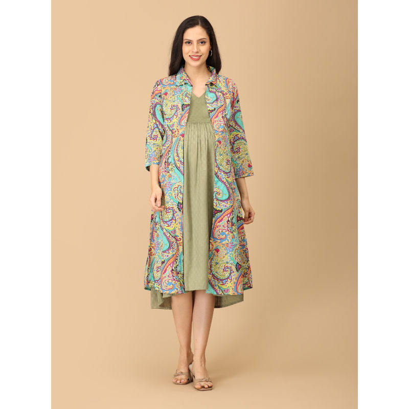 The Mom Store Green Cotton Floret Fizz Maternity Dress with Shacket (S)