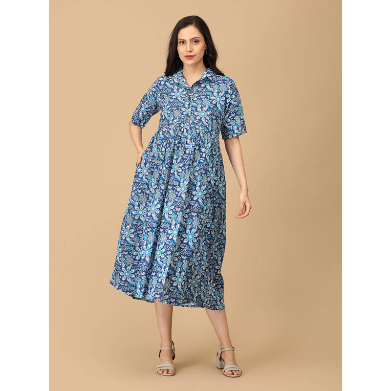 The Mom Store Navy Blue Cotton Vibe and Dyes Maternity Dress (S)