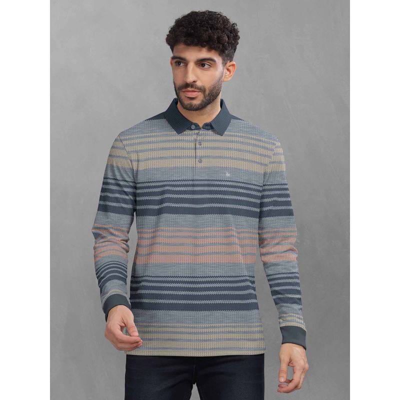 BULLMER Grey Striped Polo Neck T-Shirt with Rib for Men. (2XL)