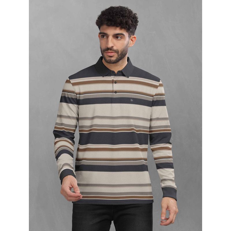 BULLMER Beige Striped Polo Neck T-Shirt with Rib for Men. (S)
