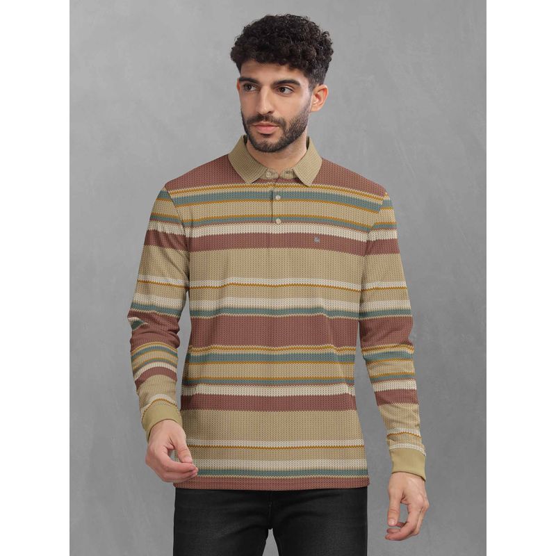 BULLMER Khaki Striped Polo Neck T-Shirt with Rib for Men. (2XL)