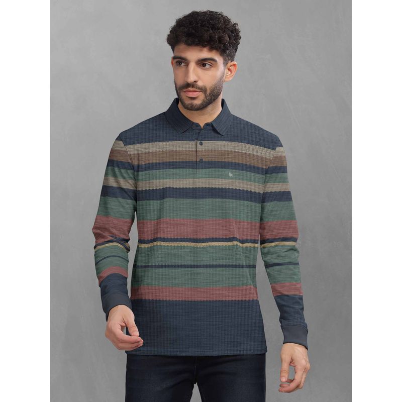 BULLMER Green Striped Polo Neck T-Shirt with Rib for Men. (M)