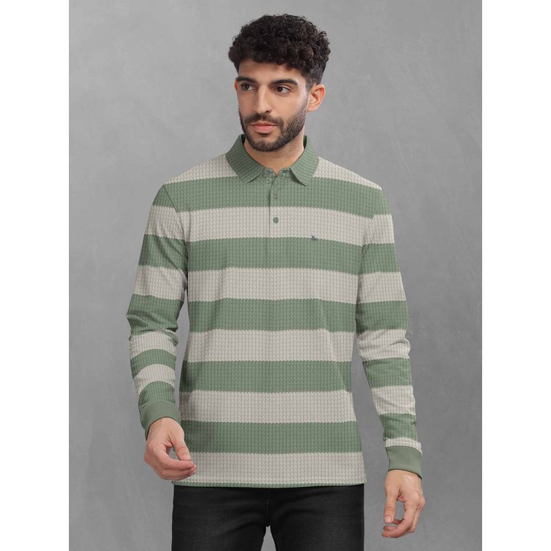 BULLMER Green Striped Polo Neck T-Shirt with Rib for Men. (L)
