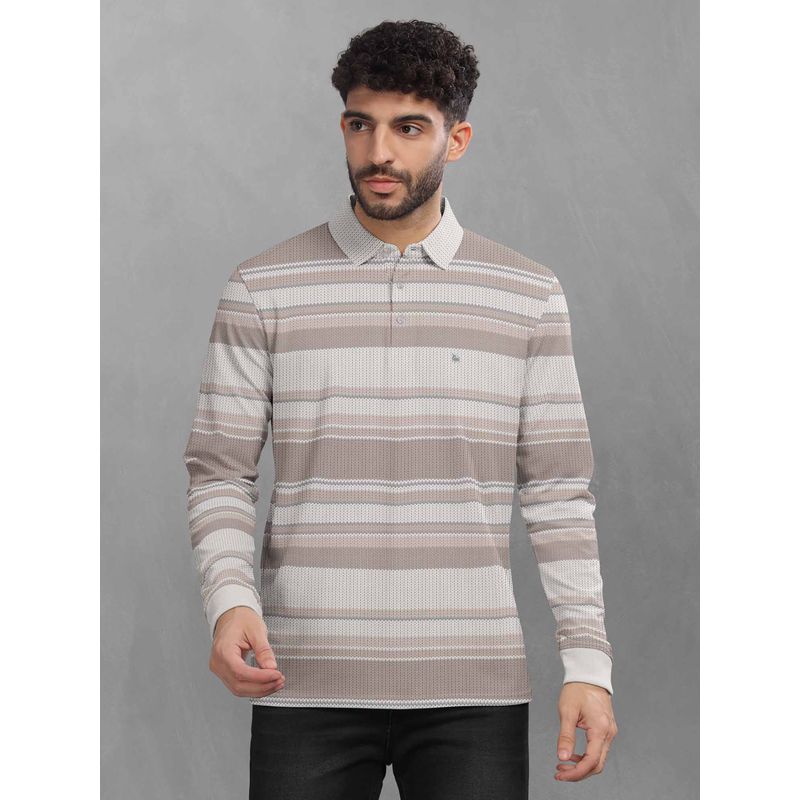 BULLMER Beige Striped Polo Neck T-Shirt with Rib for Men. (4XL)