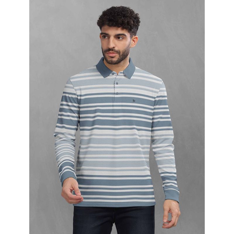 BULLMER Blue Striped Polo Neck T-Shirt with Rib for Men. (L)