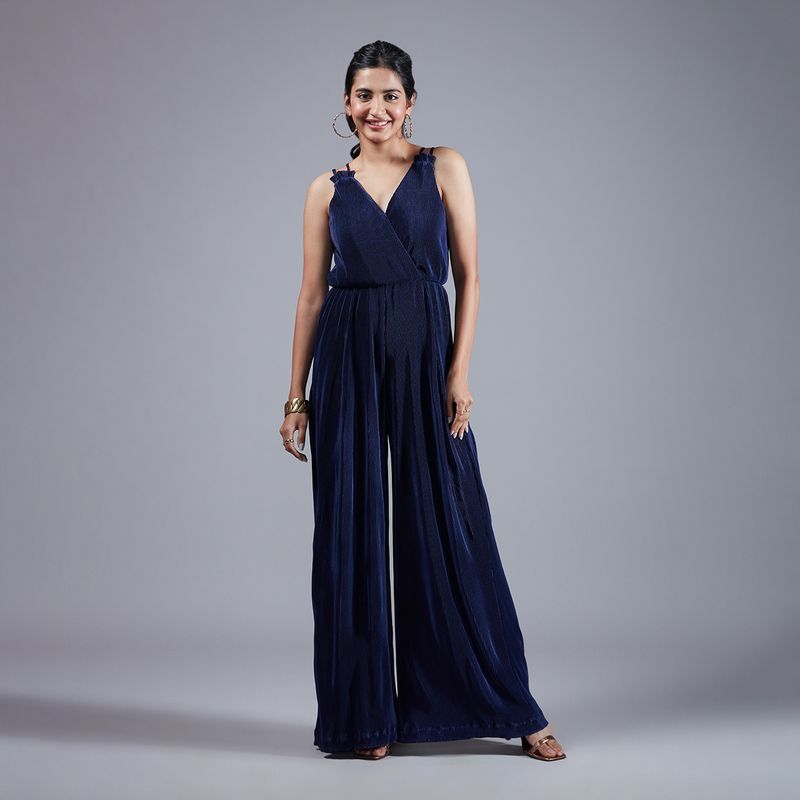 Twenty Dresses by Nykaa Fashion Navy Blue Solid Double Strap Wide Leg Jumpsuit (XS)