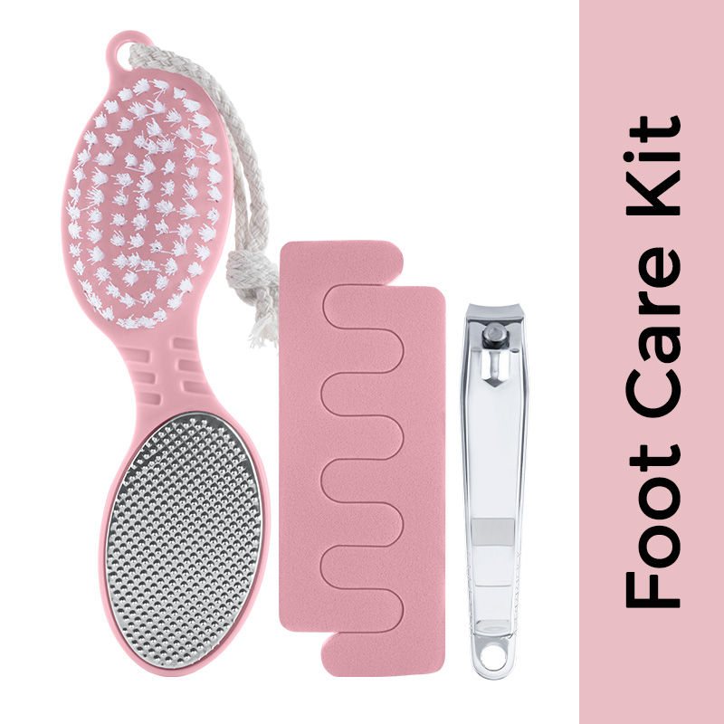 Nykaa 3 in 1 Pedicure Kit (Nail Cutter + Toe Separator + 4 in 1 Foot Scrub Tool) - Pink