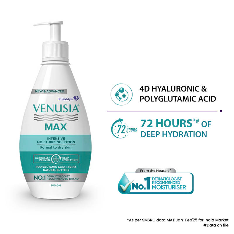 Venusia Max Intensive Moisturizing Lotion Normal To Dry Skin With 4D Hyaluronic + Polyglutamic Acid