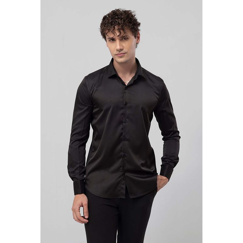 Snitch Double Cuff Black Satin Cotton Shirt (L)