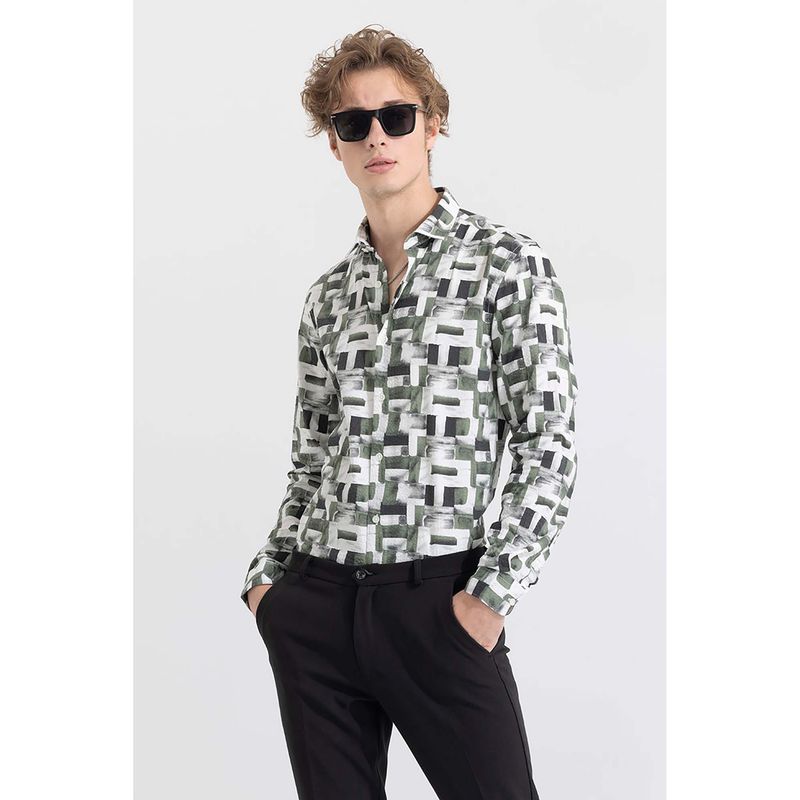 Snitch Printed Box Green Seersucker Shirt (M)