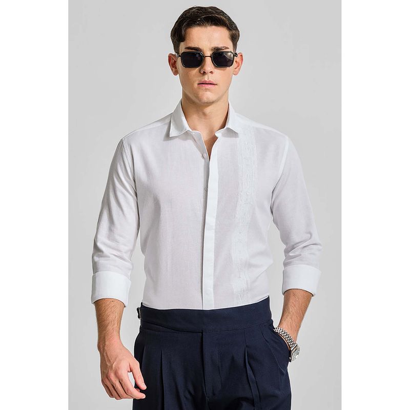 Snitch White Embroidered Linen Blend Shirt (M)