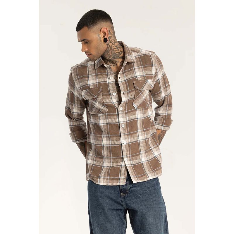 Snitch Brown Double Pocket Checks Shirt (2XL)