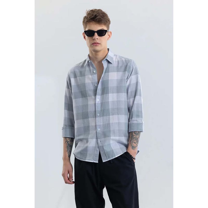 Snitch Alessia Greyish Blue Checks Linen Blend Shirt (L)