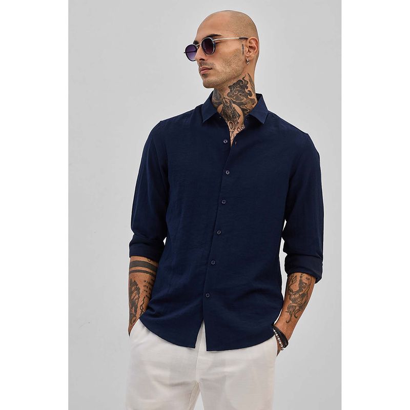 Snitch Navy Blue Slim Fit Linen Shirt (XL)