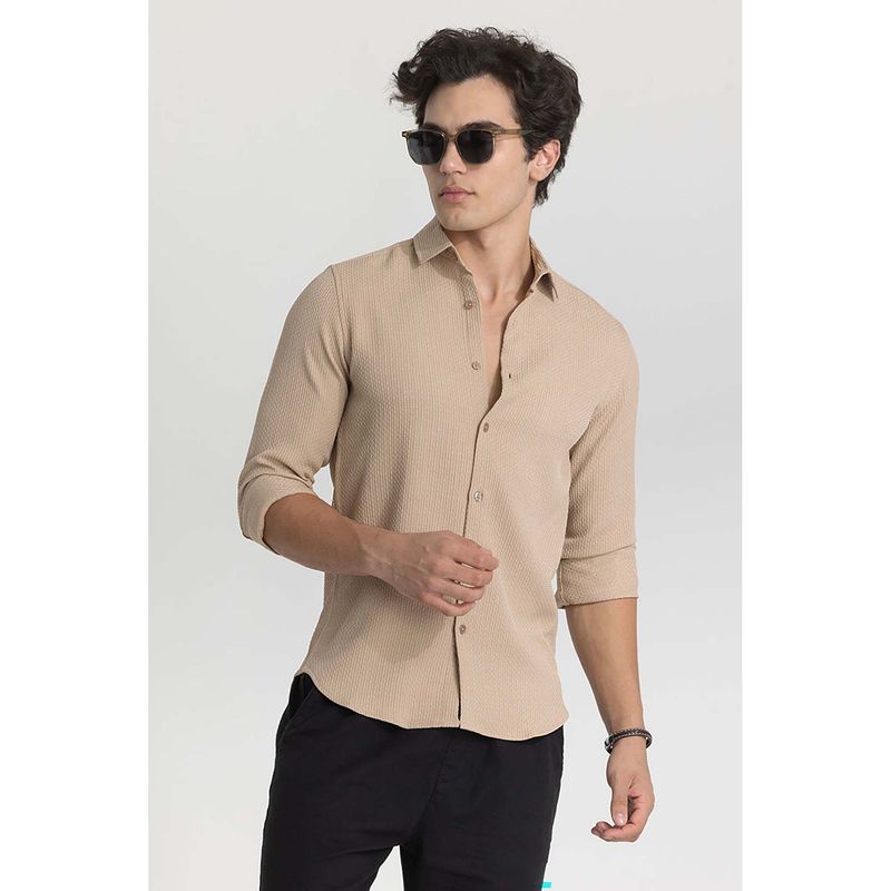 Snitch Beige Slim Fit Textured Shirt (XL)