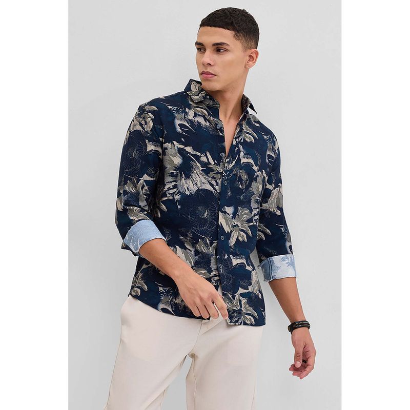 Snitch Navy Blue Printed Floral Shirt (XS)