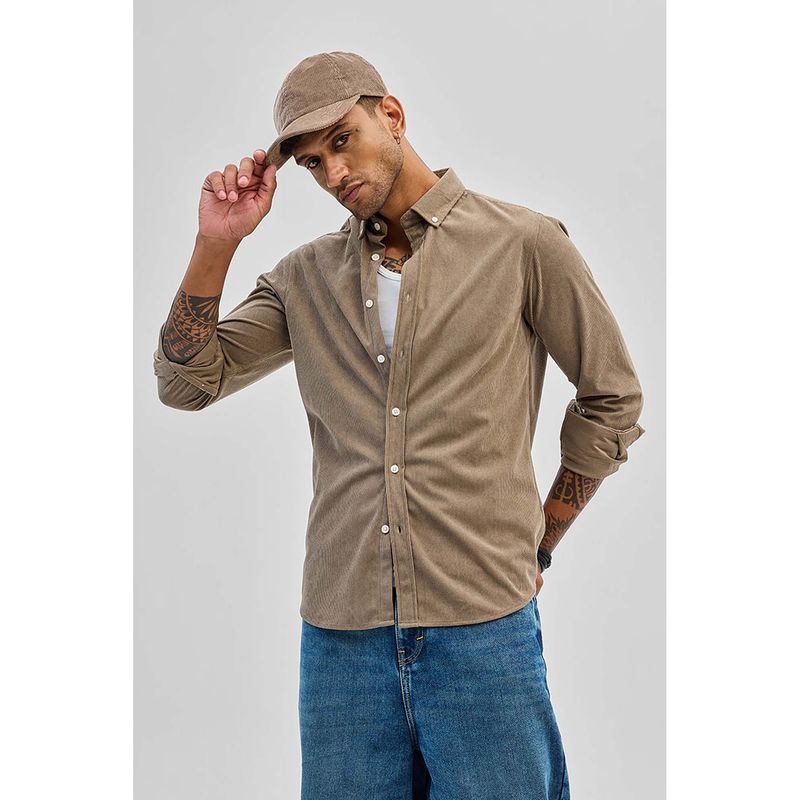Snitch Beige Slim Fit Corduroy Shirt (XS)