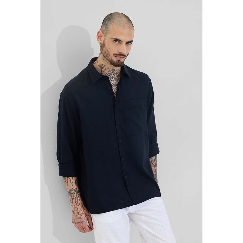 Snitch Navy Blue Relaxed Fit Linen Blend Shirt (M)