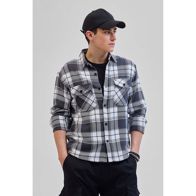 Snitch Charcoal Grey Flannel Checks Double Pocket Shirt (M)