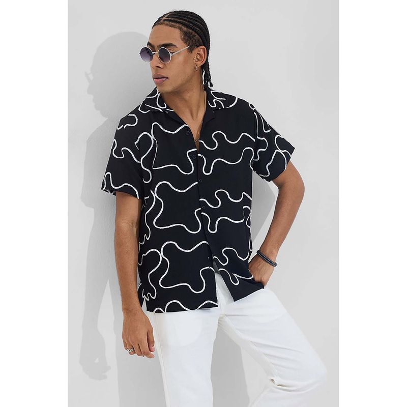 Snitch Black Textured Abstract Box Fit Shirt (XL)