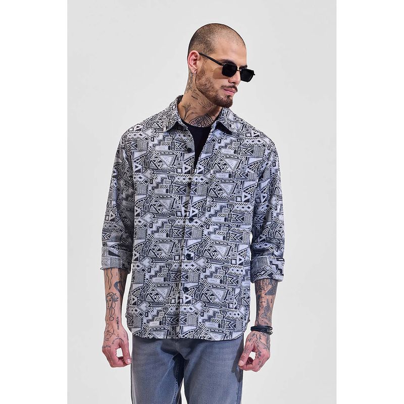 Snitch Black Printed Relaxed Fit Shirt (S)