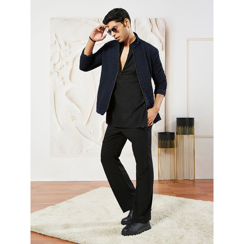 Vastramay Navy Blue Silk Blend Textured Jacket with Lycra Kurta and Pant (Set of 3) (40)