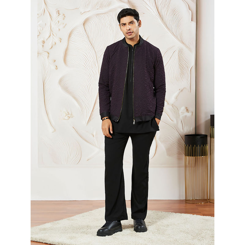Vastramay Wine Silk Blend Textured Jacket with Lycra Kurta and Pant (Set of 3) (40)