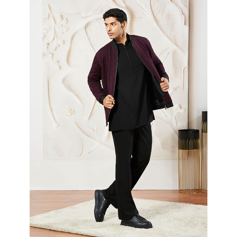 Vastramay Wine Silk Blend Quilted Jacket with Lycra Kurta and Pant (Set of 3) (40)