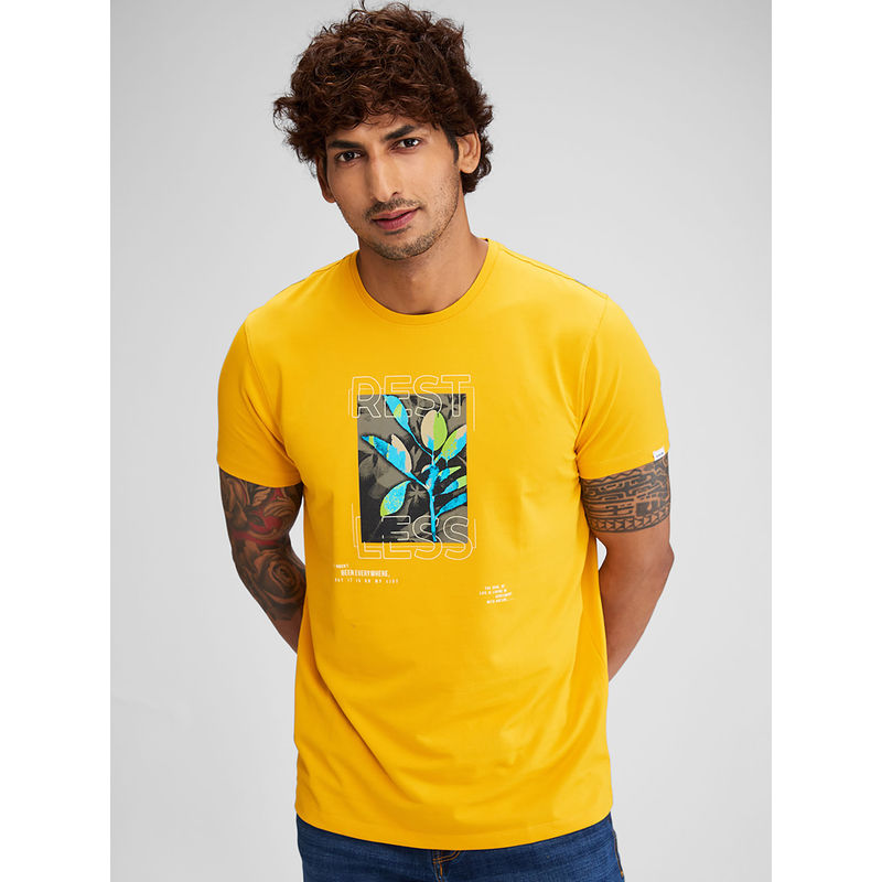 Spykar Men Round Neck Yellow Cotton Graphic Printed T-Shirt (2XL)