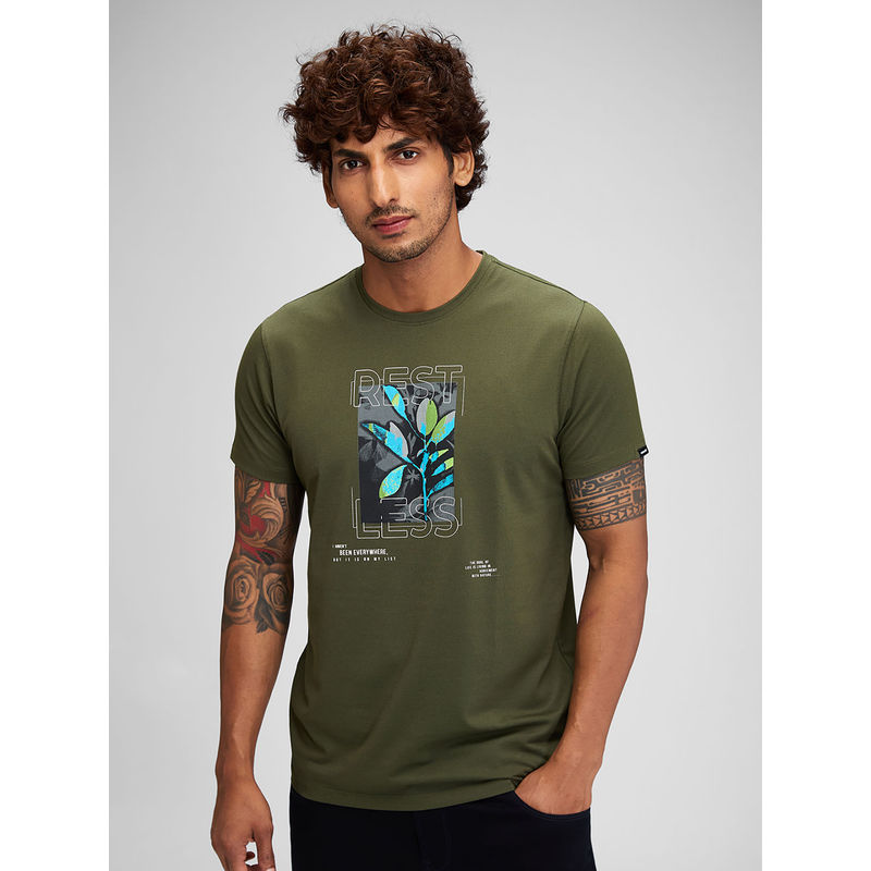 Spykar Men Round Neck Green Cotton Graphic Printed T-Shirt (2XL)