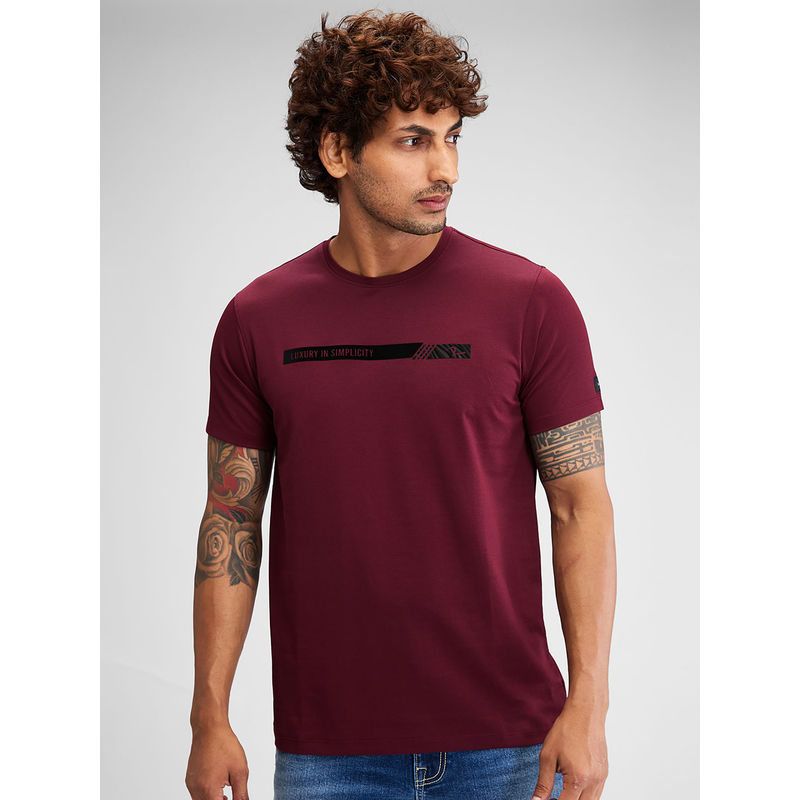Spykar Men Round Neck Wine Cotton Solid T-Shirt (2XL)
