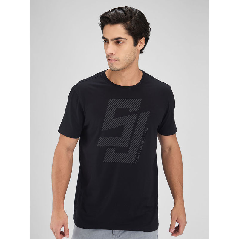 Spykar Men Round Neck Black Cotton Blend Graphic Printed T-Shirt (2XL)