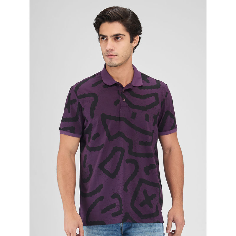 Spykar Men Collar Neck Purple Cotton Blend Printed Polo T-Shirt (2XL)