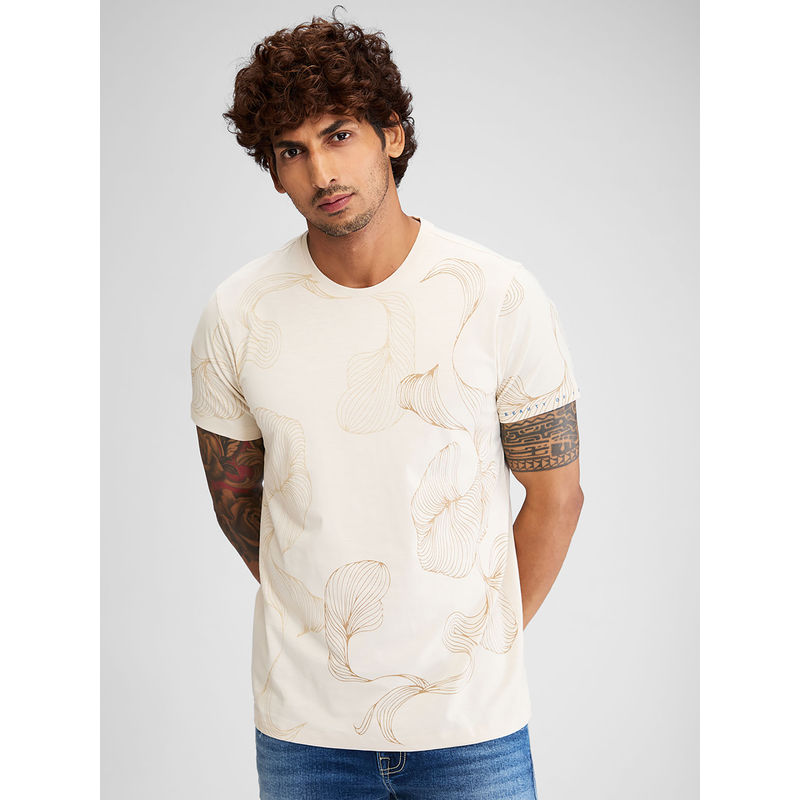 Spykar Men Round Neck Cream Cotton Blend Printed T-Shirt (2XL)