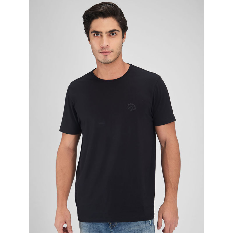 Spykar Men Round Neck Black Cotton Blend Solid T-Shirt (2XL)