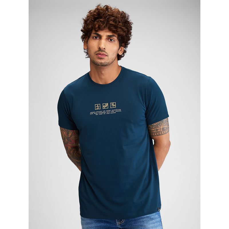 Spykar Men Round Neck Teal Cotton Typography T-Shirt (2XL)
