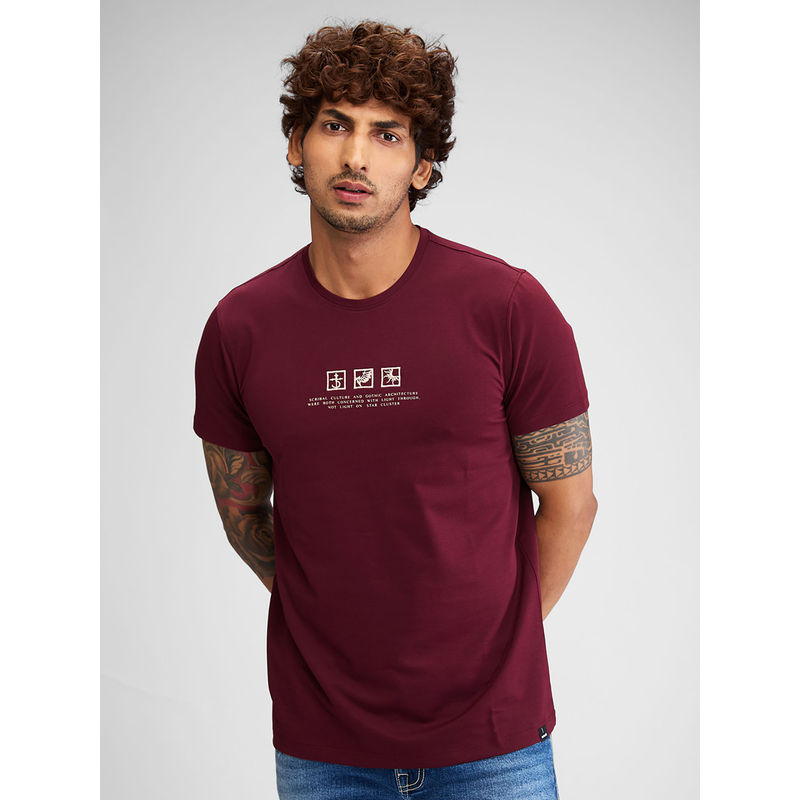 Spykar Men Round Neck Wine Cotton Typography T-Shirt (M)