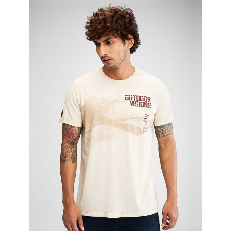 Spykar Men Round Neck Off White Cotton Blend Printed T-Shirt (M)