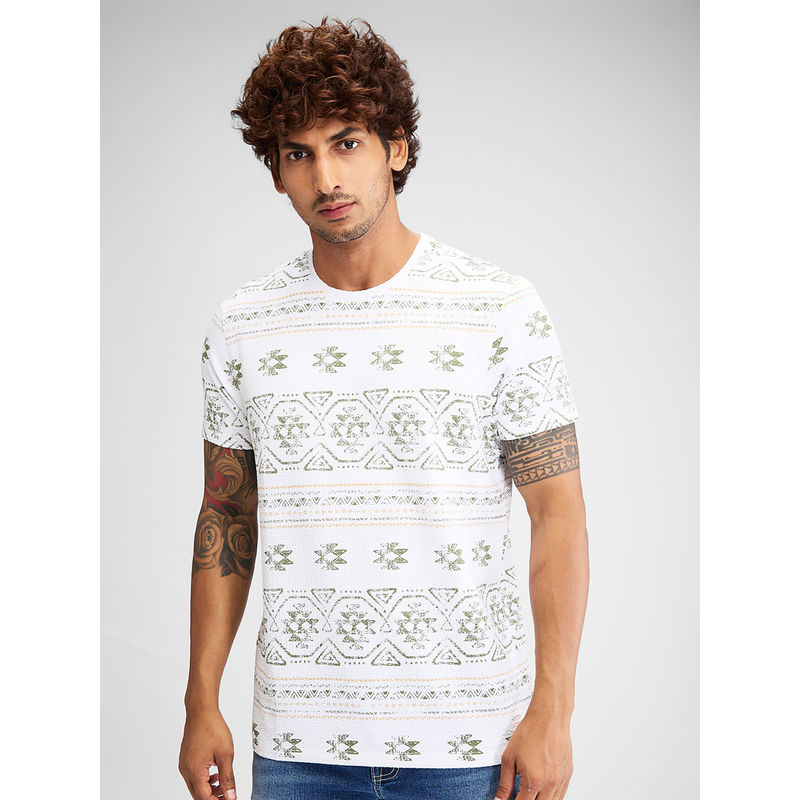 Spykar Men Round Neck White Cotton Printed T-Shirt (2XL)