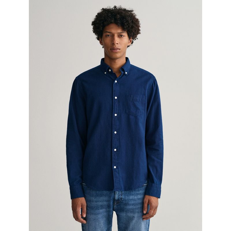 GANT Men Navy Blue Solid Regular Untucked Indigo Oxford Shirt (S)