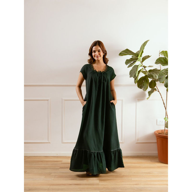 FEATHERS CLOSET Emerald Green Flared Soft Crepe Nightdress (S/M)