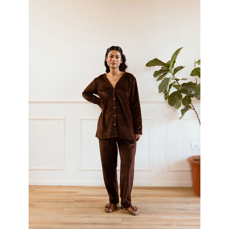 FEATHERS CLOSET Brown Super Soft Cardigan Top with Pant (Set of 2) (L/XL)