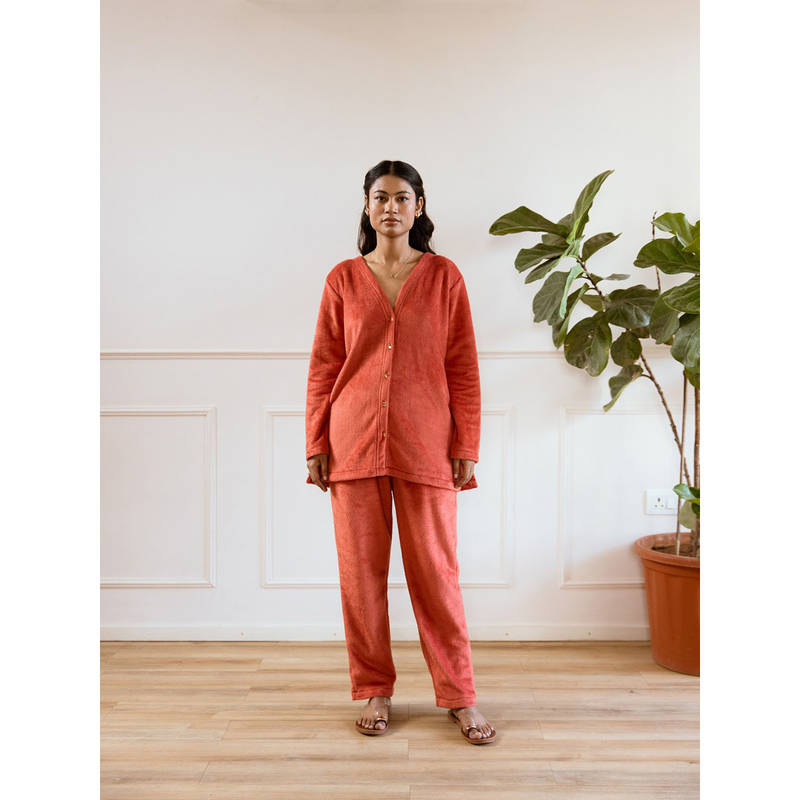 FEATHERS CLOSET Rust Super Soft Cardigan Top with Pant (Set of 2) (S/M)