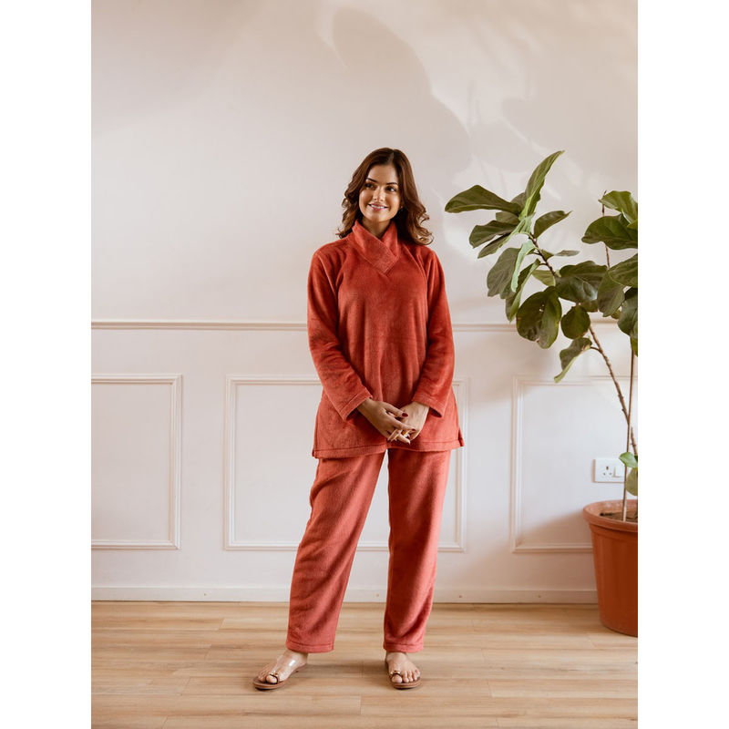 FEATHERS CLOSET Cross Neck Super Soft Rust Top with Pant (Set of 2) (S/M)