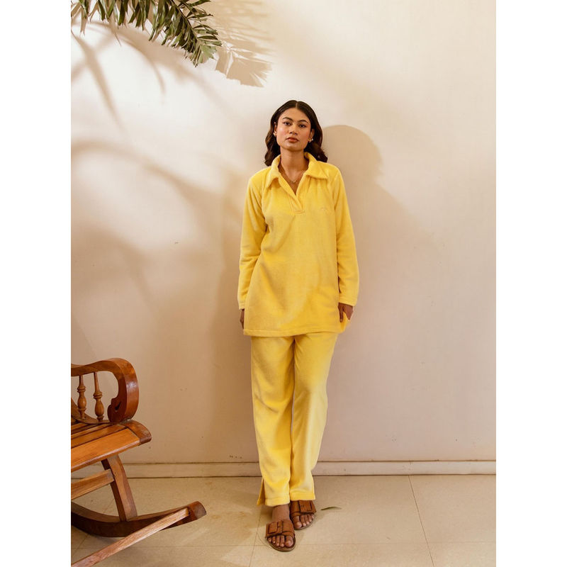 FEATHERS CLOSET Pastel Yellow Super Soft Collar Top with Pant (Set of 2) (S/M)