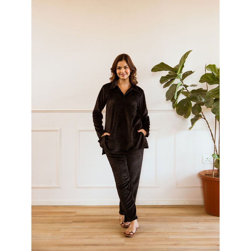 FEATHERS CLOSET Black Super Soft Collar Top with Pant (Set of 2) (S/M)