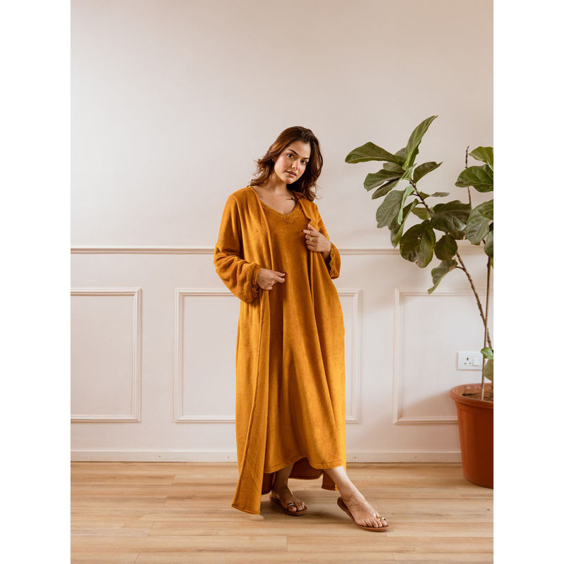 FEATHERS CLOSET Mustard Super Soft Maxi Dress And Shrug (Set of 2) (S/M)