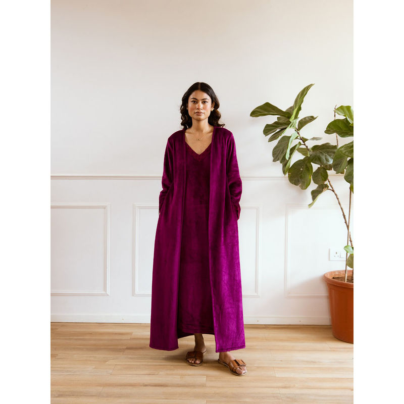 FEATHERS CLOSET Wine Super Soft Maxi Dress And Shrug (Set of 2) (S/M)